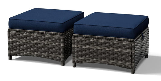 Set of 2 wicker outdoor ottomans with thickened cushions