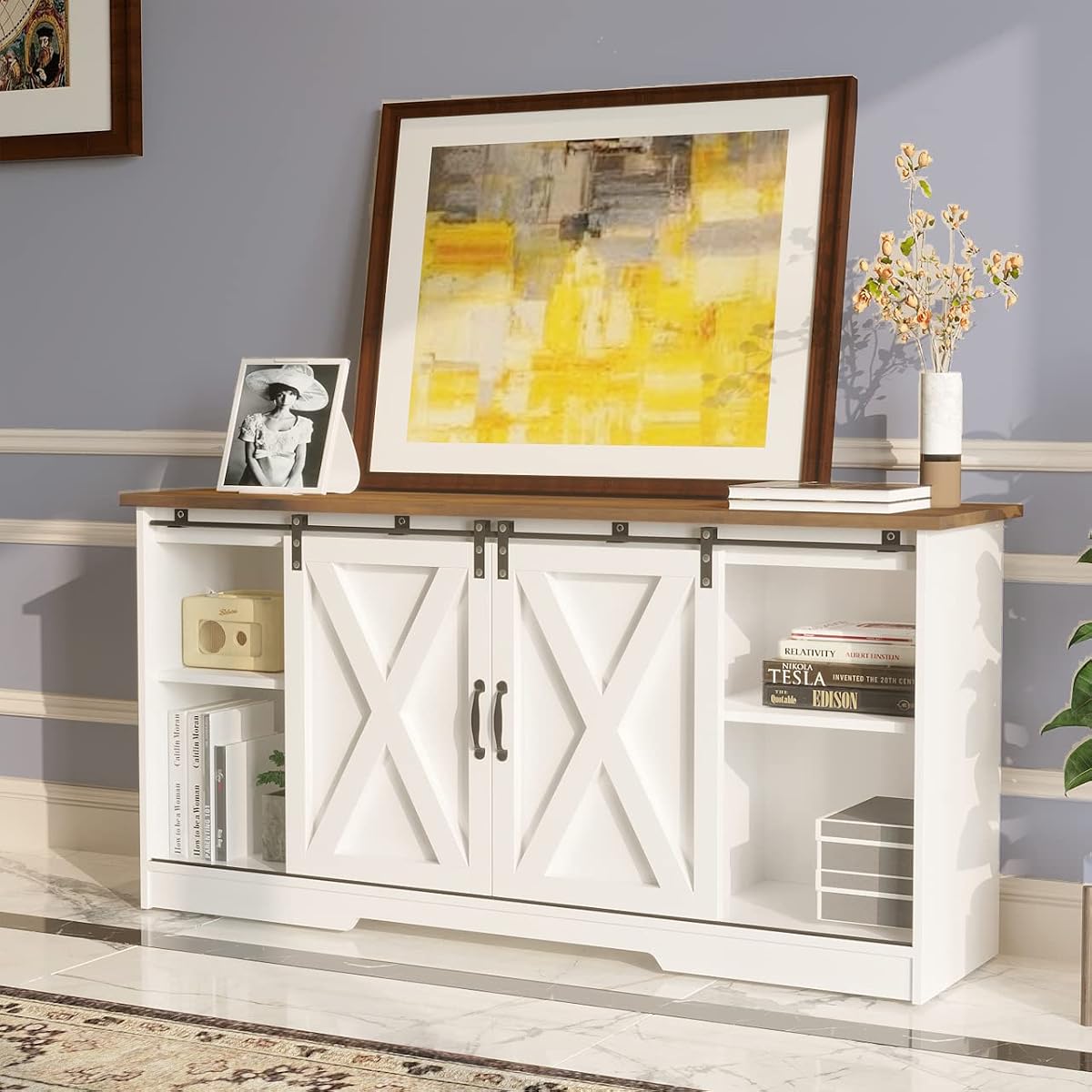 TV Stand for 65 Inch TV for Living Room, Modern Farmhouse Barn Door TV Stand with Storage Cabinets and Adjustable Shelves for Bedroom, Media Entertainment Center TV Console Table, White