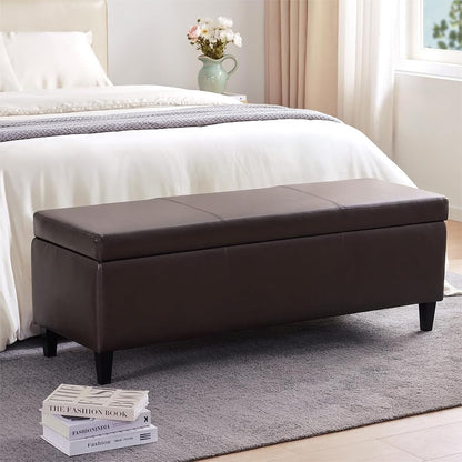 Faux Leather Storage Ottoman Bench 50.3 Inch Extra Long PU Upholstered Bedroom Bench with Large Storage Space for The Living Room, Entryway, Bedroom Hold Up to 300lbs (Brown)