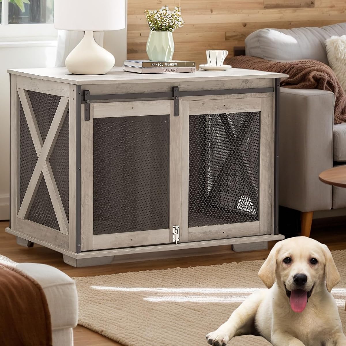 37''L Farmhouse Dog Cage Crate Furniture with Sliding Barn Door