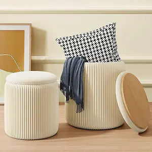 Beige Ottoman with Storage Set of 2, Upholstered Velvet Vanity Stool, Comfy Round Makeup Vanity Stools, Large Storage Ottoman Foot Rest, Pouf Seat for Living Room/Bedroom
