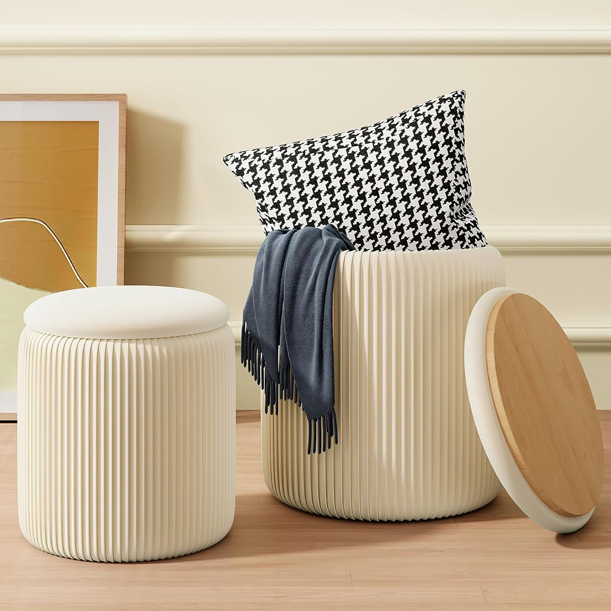 Beige Ottoman with Storage Set of 2, Upholstered Velvet Vanity Stool, Comfy Round Makeup Vanity Stools, Large Storage Ottoman Foot Rest, Pouf Seat for Living Room/Bedroom