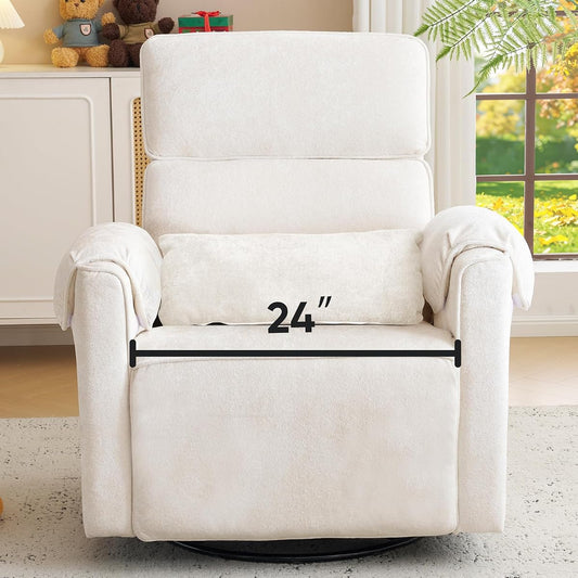 Oversized Power Rocker Recliner Chair, 24" Extra Wide Swivel Recliner with Adjustable Headrest, Chenille Glider Rocking Nursery Chair with Overstuffed Armrest, USB Ports, Cream