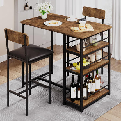 Dining Table Set for 2, Kitchen Table and Upholstered Chairs for 2, 3 Piece Counter Height Bar Table Set with 3 Large Storage Shelves for Small Space, Apartment, Studio, Rustic Brown