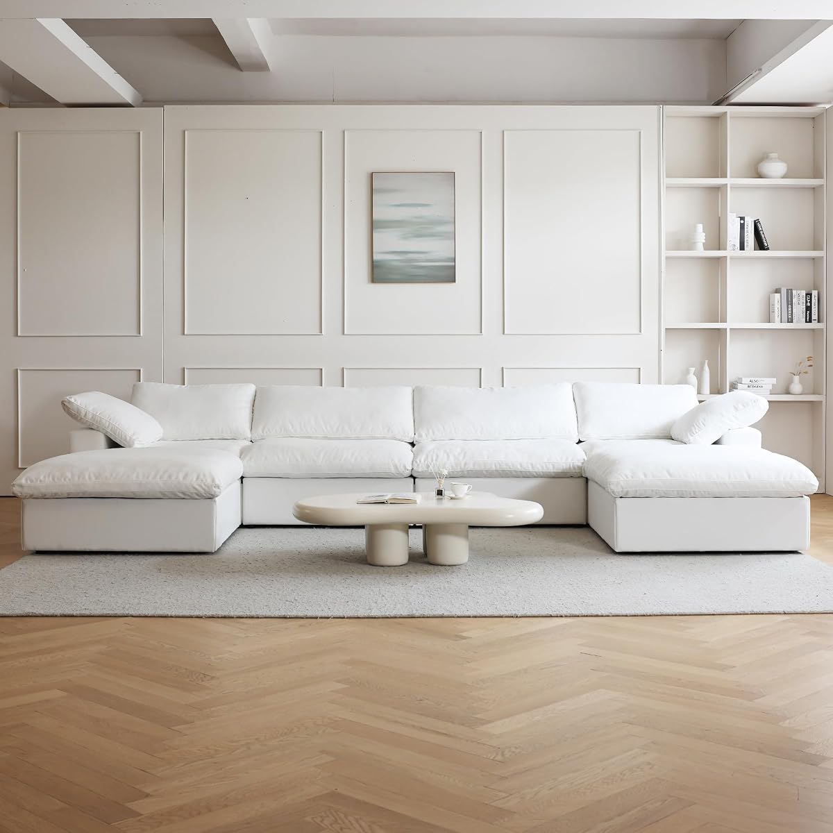 U-Shaped Cloud Couches for Living Room, 6-Seats Modular Convertible Sectional Sofas, Cushion Covers Removable, Comfy Sectional Couch with Chaise Ottomans for Living Room Apartment (White)