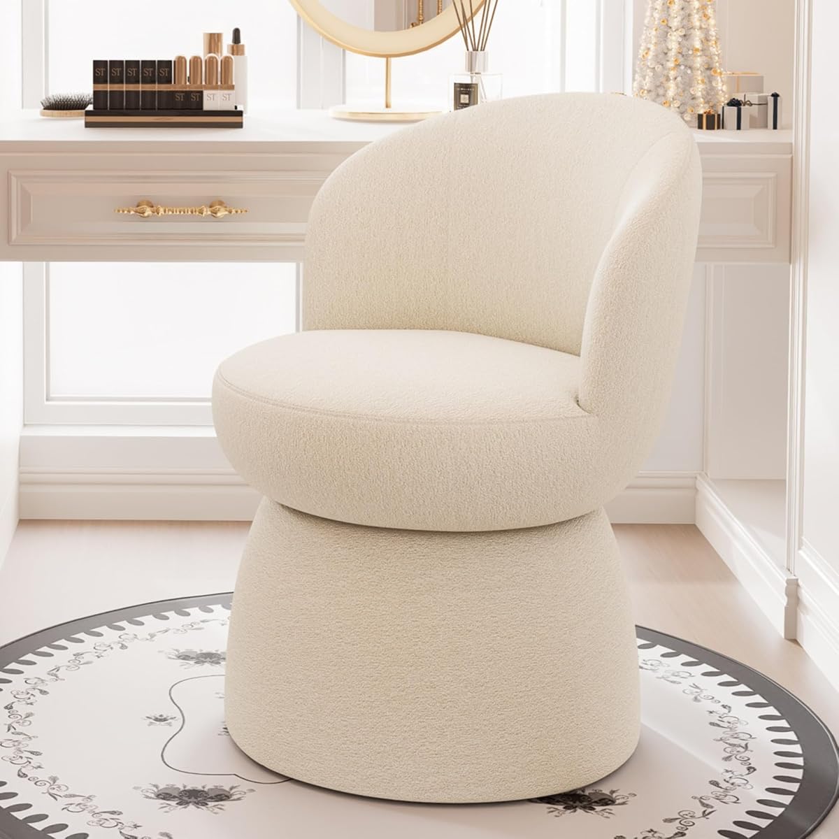 360 Degree Swivel Vanity Chair, Barrel Textured Accent Chair with Boucle Fabric, Modern White Accent Chairs, for Living Room, Dressing Room, Reading Nook