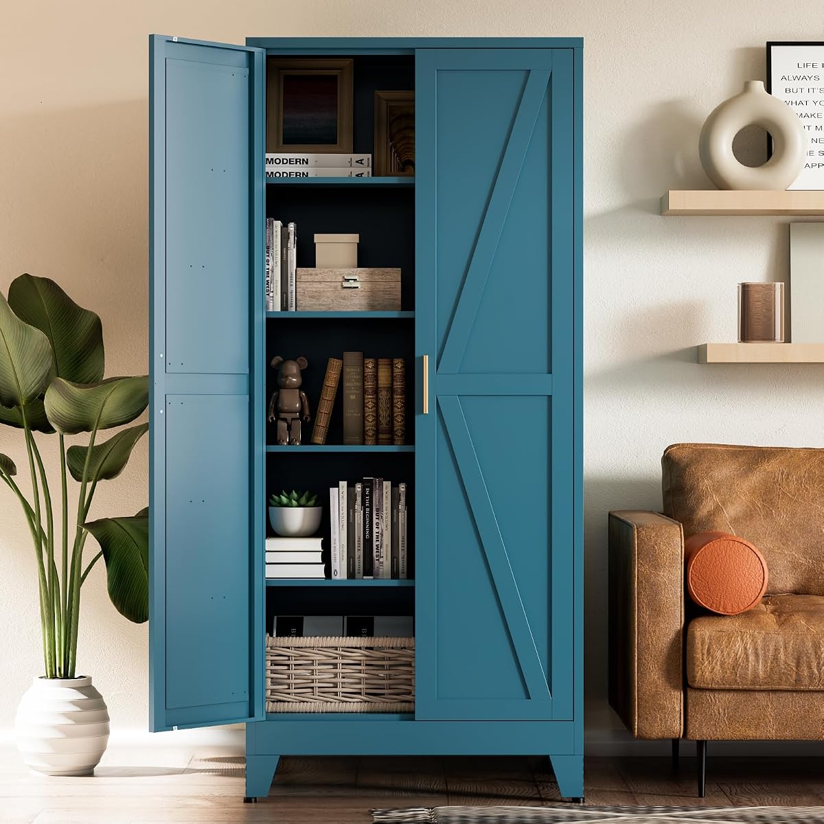Home Farmhouse Storage Cabinet with Barn Door, Tall Kitchen Pantry Cupboard with Adjustable Shelves, for Dining Room, Bathroom, Living Room Blue.