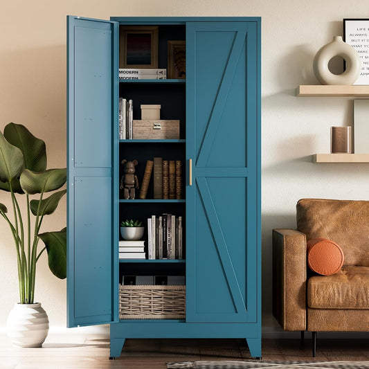 Home Farmhouse Storage Cabinet with Barn Door, Tall Kitchen Pantry Cupboard with Adjustable Shelves, for Dining Room, Bathroom, Living Room Blue.