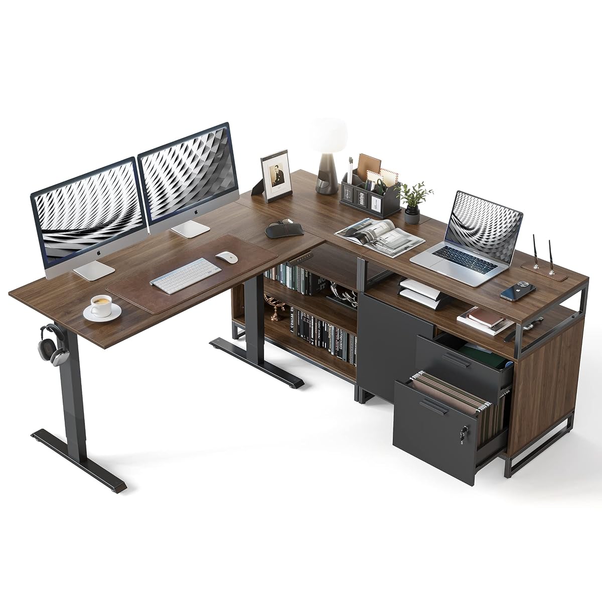 66 Inch L Shaped Standing Desk with Drawers & Shelves