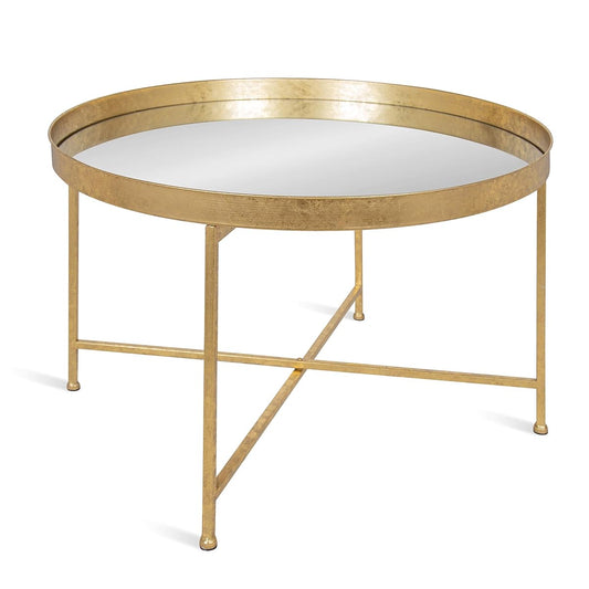 Celia Metal Foldable Round Accent Coffee Table, 28.25" x 28.25" x 19", Mirrored Surface and Gold Frame, Modern Minimalist Design and Detachable Magnetic Tabletop
