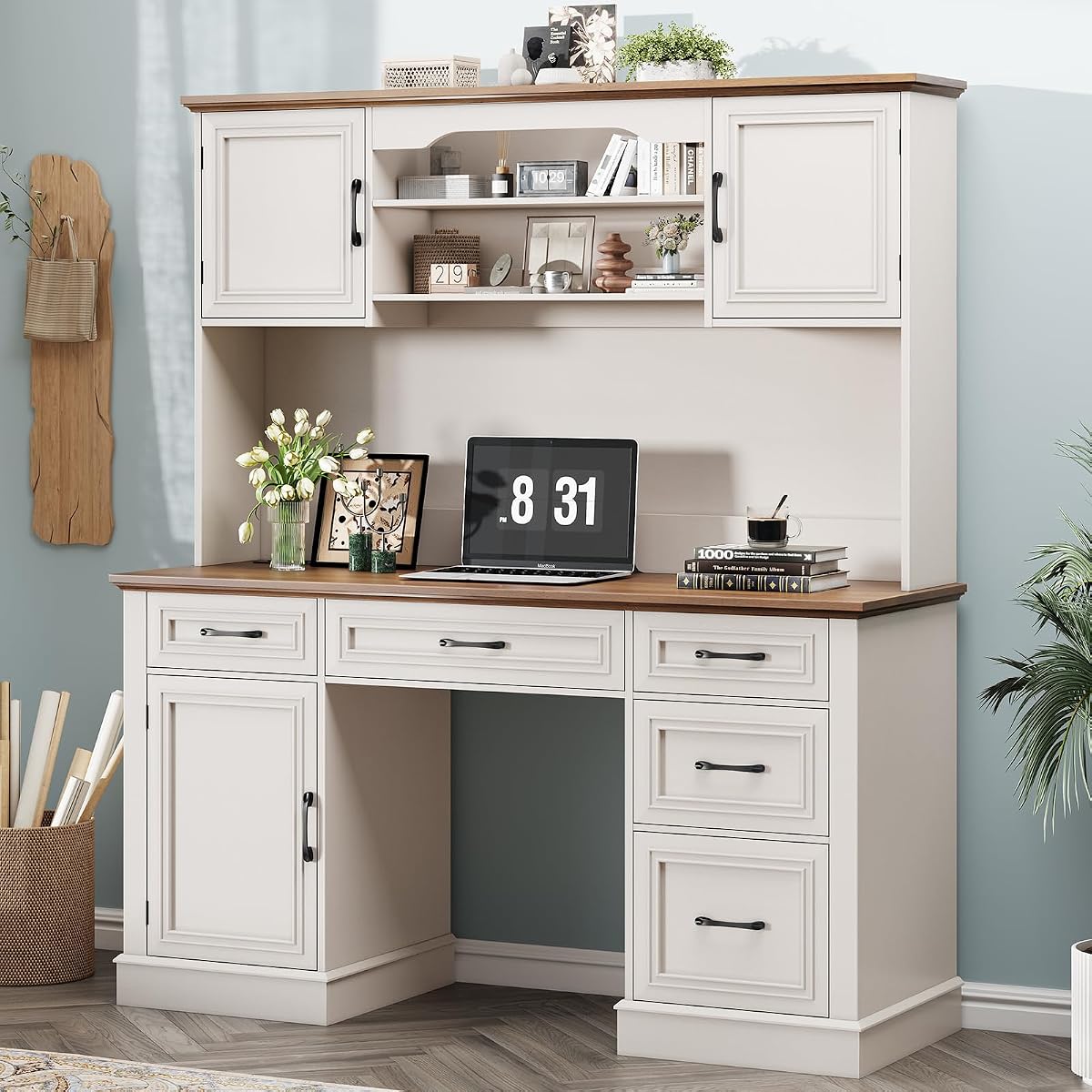 Executive Desk with 5 Drawers, Unique White