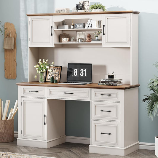 Executive Desk with 5 Drawers, Unique White