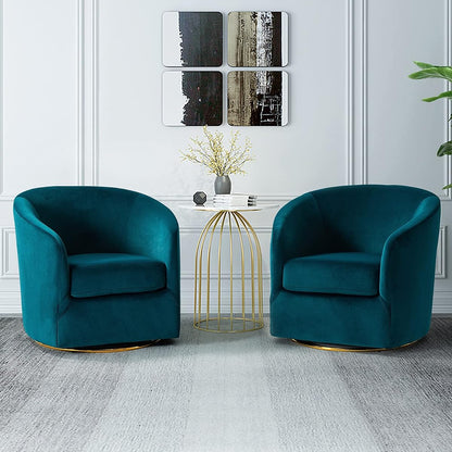 Swivel Accent Chair with Gold Metal Base, Set of 2 Contemporary Velvet Curved Swivel Barrel Chair, Upholstered Club Armchair, Leisure Single Sofa for Living Room, Nursery, Bedroom(Teal)
