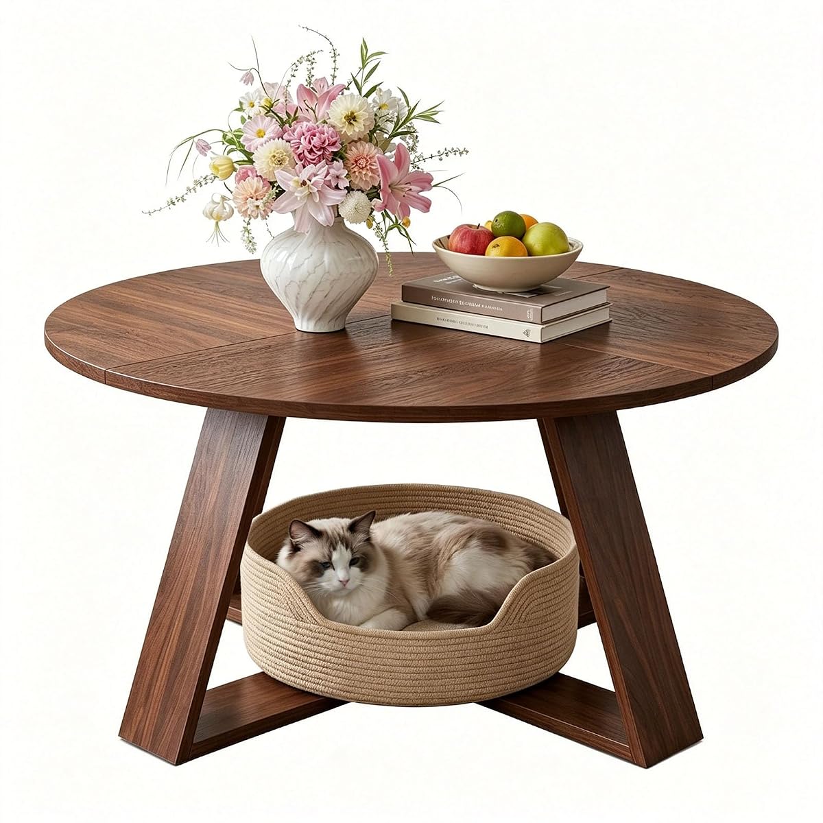 Round Coffee Table for Living Room, Circle Modern Coffee Table with Open Storage & Cross Base, Walnut Wooden Grain Accent Center Table for Small Space, Office, Apartment, Rustic Brown
