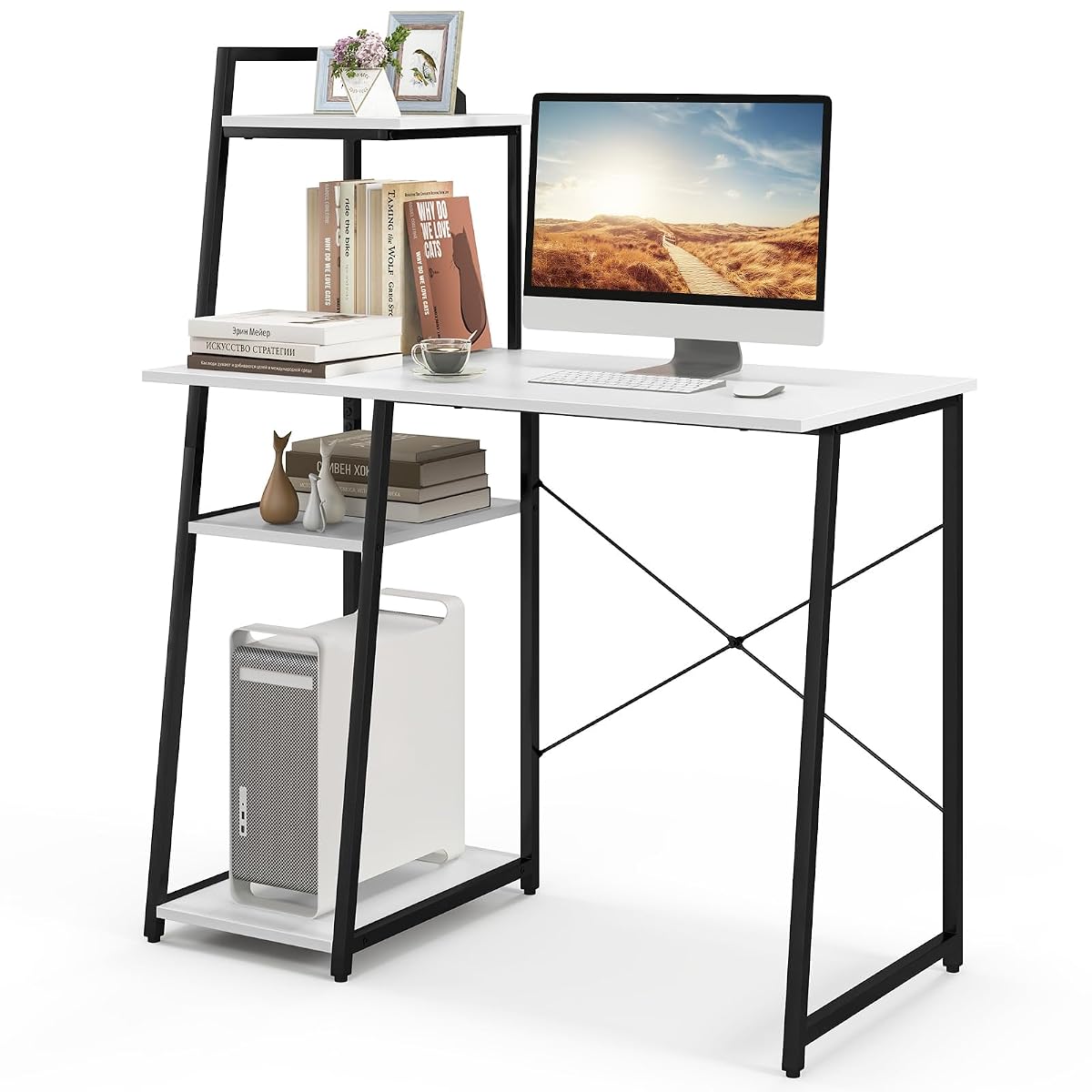 Computer Desk with 4-Tier Storage Shelves