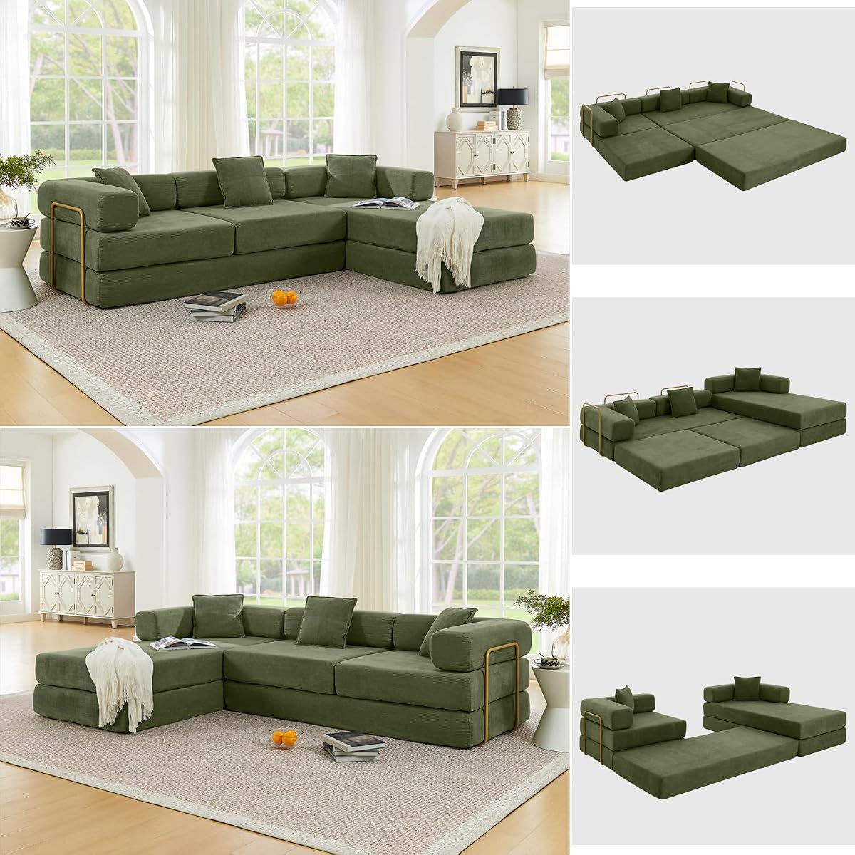 108" Modular Sectional Sofa, Futon Convertible Sofa Bed,Oversized Corduroy Boneless Couch for Living Room,Floor Loveseat Sleeper with Pull Out Bed,Free Combination,No Assembly Required (Green)