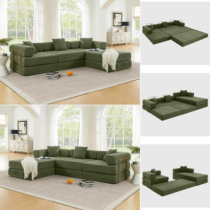 108" Modular Sectional Sofa, Futon Convertible Sofa Bed,Oversized Corduroy Boneless Couch for Living Room,Floor Loveseat Sleeper with Pull Out Bed,Free Combination,No Assembly Required (Green)