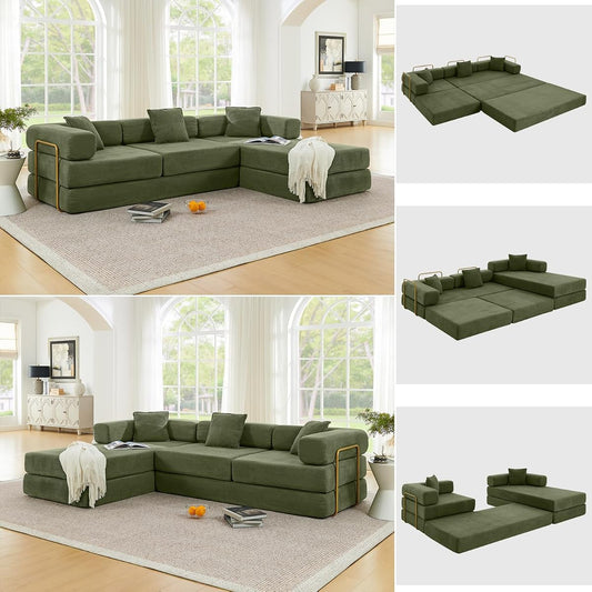 108" Modular Sectional Sofa, Futon Convertible Sofa Bed,Oversized Corduroy Boneless Couch for Living Room,Floor Loveseat Sleeper with Pull Out Bed,Free Combination,No Assembly Required (Green)