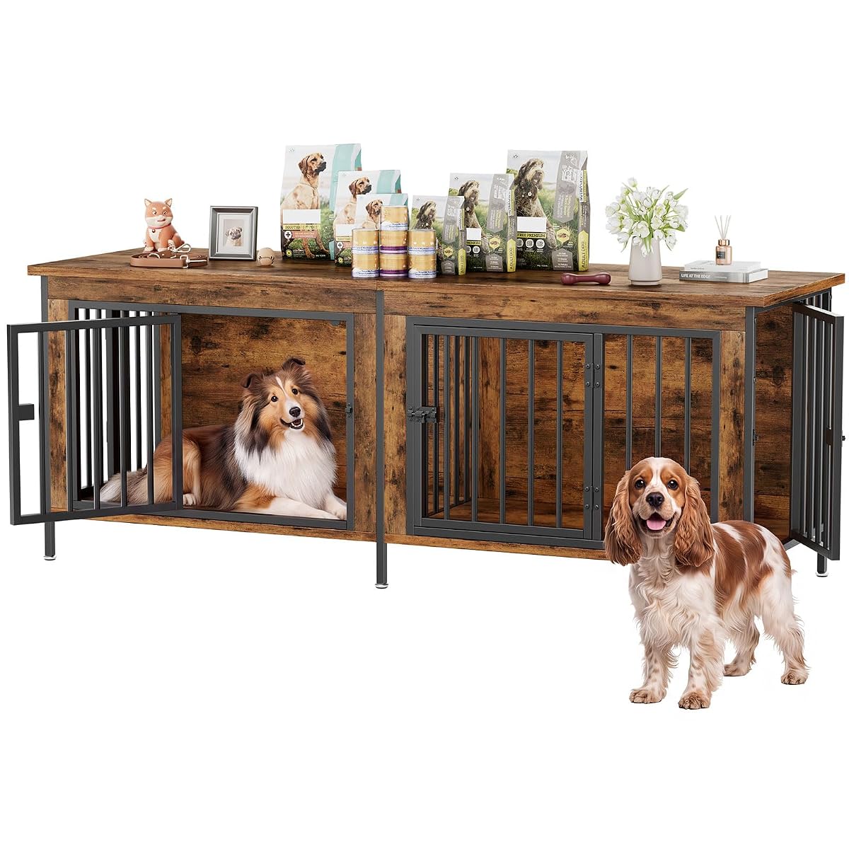 63" Double Dog Crate Furniture for 2 Dogs - Rustic Brown