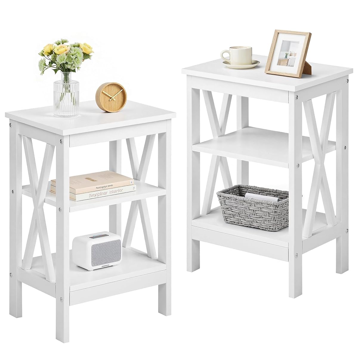 End Table Set of 2, Bedside Table, 24" Tall Living Room End Tables, X-Design Reinforced Nightstands, Side Table with 3-Tier Storage Shelves for Small Spaces, Office, Bathroom, Bedroom, White