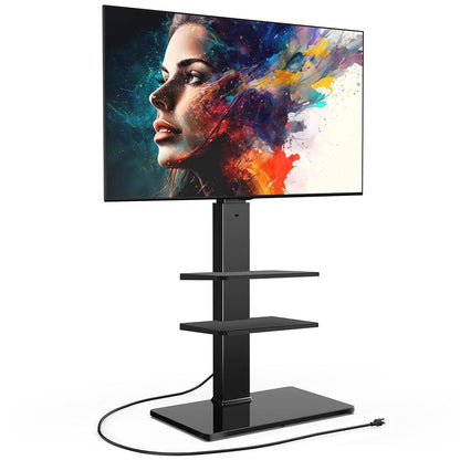 Floor TV Stand for 32-75 inch TV with Power Outlet, Tall TV Mount for Bedroom Living Room with Tempered Glass Base, TV Stand with Mount Holds Up to 88lbs MAX VESA 600x400mm,Black