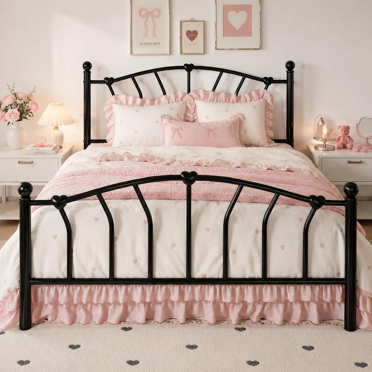 Full Size Metal Bed Frame, Heart-Shaped Design, Black