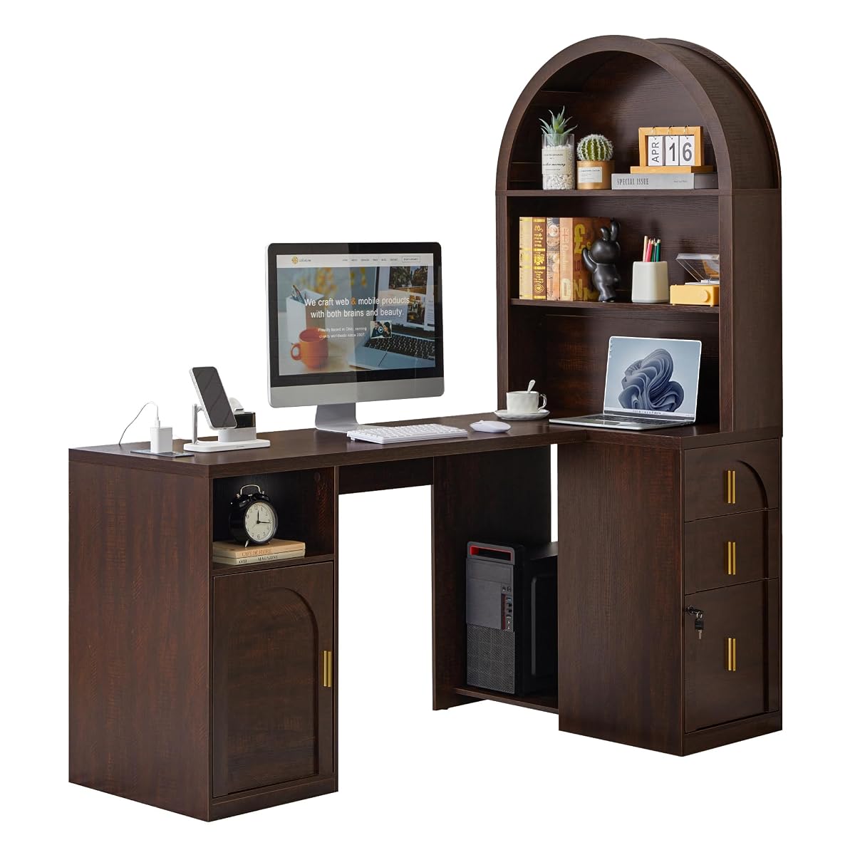 63 inch L-Shaped Desk with Arched Hutch Bookshelf, Dark Walnut
