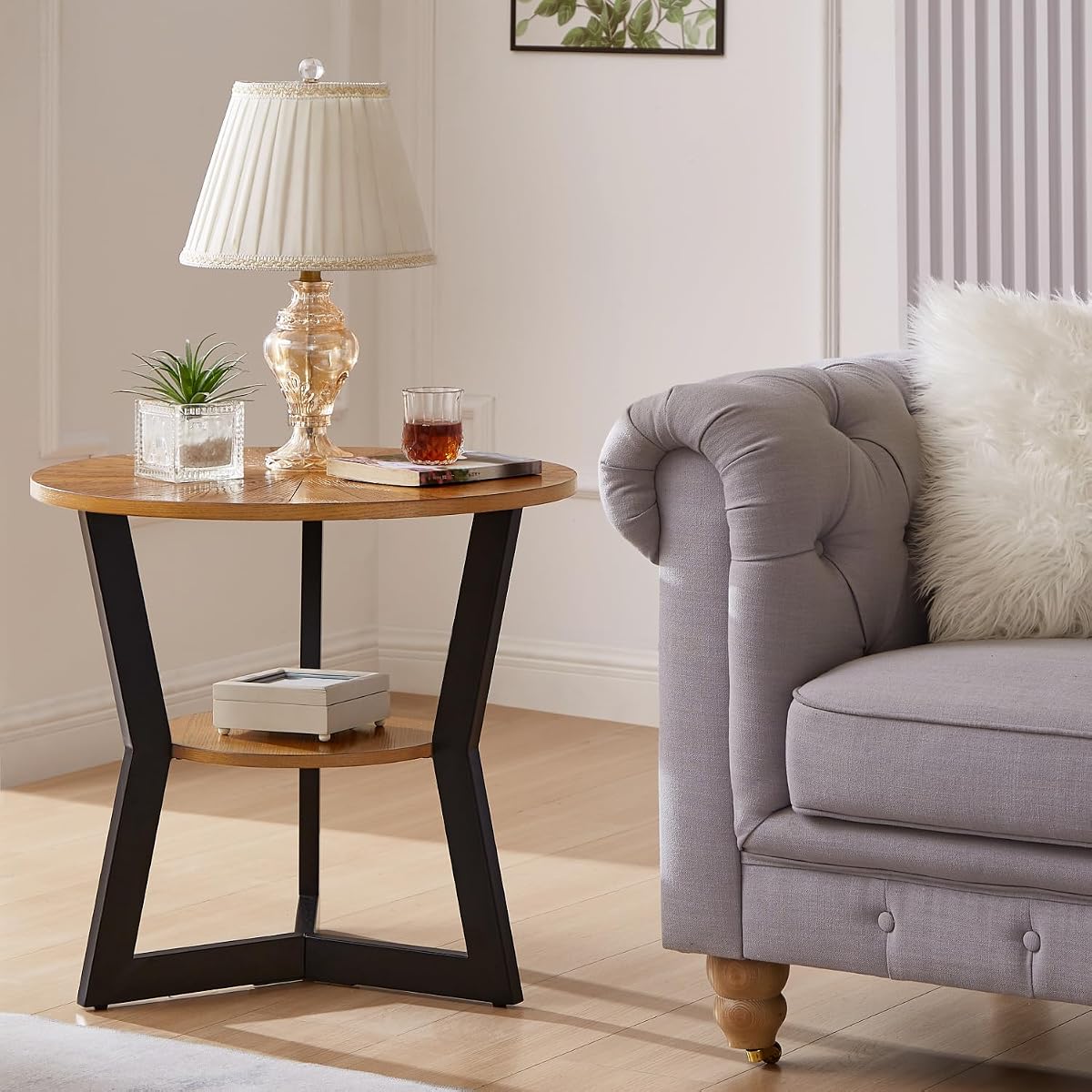 End Table, Round Wood End Table for Living Room with 2-Tier Table Top with Storage Rack, Metal Leg Triangle Support Design, Home Furniture, 25 x 25 x 24 in, Brown