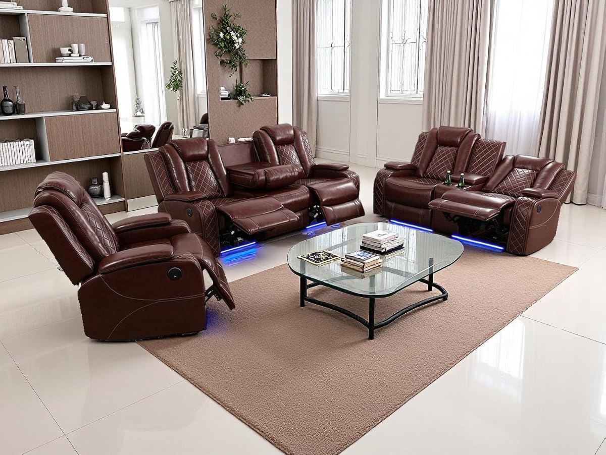 Living Room Set Brown Breathing Leather Sofa Living Room Furniture Set Power Recliner Manual Sofa,Loveseat and Chair with Cup Holders/Storage Console/LED Light for Living Room