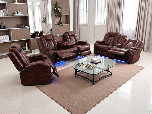 Living Room Set Brown Breathing Leather Sofa Living Room Furniture Set Power Recliner Manual Sofa,Loveseat and Chair with Cup Holders/Storage Console/LED Light for Living Room