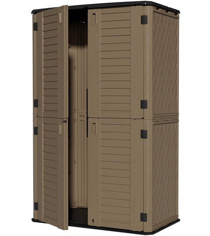 Large 67 Cu.ft Waterproof Storage Shed, Outdoor Storage Cabinet，Durable Resin Sheds for Patio Furniture, Garden Tools, Pool Accessories, Mower Storage (Coffee)
