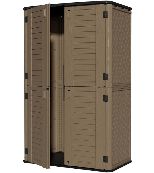 Large 67 Cu.ft Waterproof Storage Shed, Outdoor Storage Cabinet，Durable Resin Sheds for Patio Furniture, Garden Tools, Pool Accessories, Mower Storage (Coffee)
