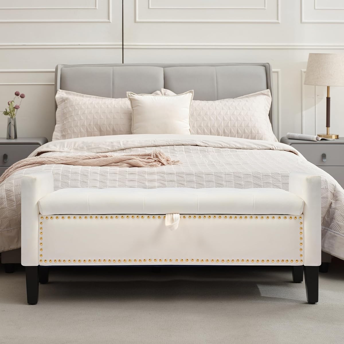 Velvet Storage Ottoman Bench, 46'' Upholstered Button Tufted End of Bed Bench, Modern Entryway Ottoman Bench with Arms, Beige
