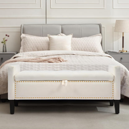 Velvet Storage Ottoman Bench, 46'' Upholstered Button Tufted End of Bed Bench, Modern Entryway Ottoman Bench with Arms, Beige