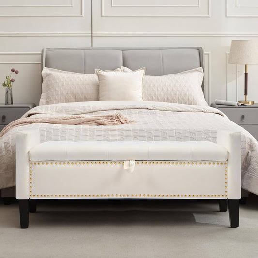 Velvet Storage Ottoman Bench, 46'' Upholstered Button Tufted End of Bed Bench, Modern Entryway Ottoman Bench with Arms, Beige