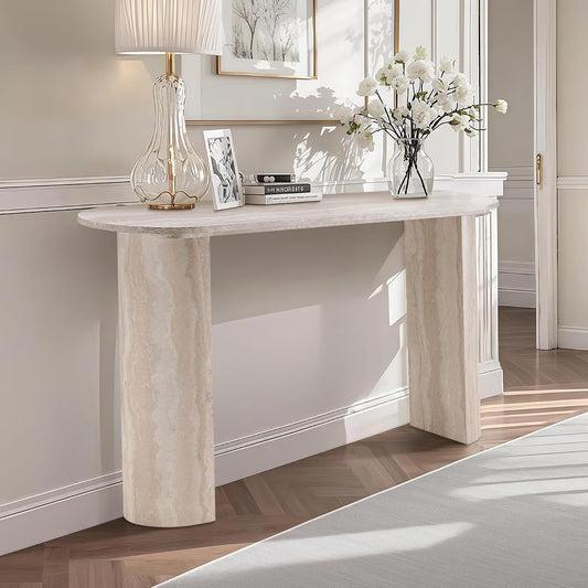 55" MDF Console Table for Entryway, Narrow Entryway Table with Faux Mars Marble Pattern, Couch Table Behind Sofa with Curved Legs for Living Room Hallway Foyer
