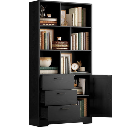 Bookshelf, 70.9 Inch Tall Bookcase, Black Book Shelf with Doors and 3 Drawers, 3-Tier Bookshelves with 6 Open Cubes for Home Office, Living Room, Study