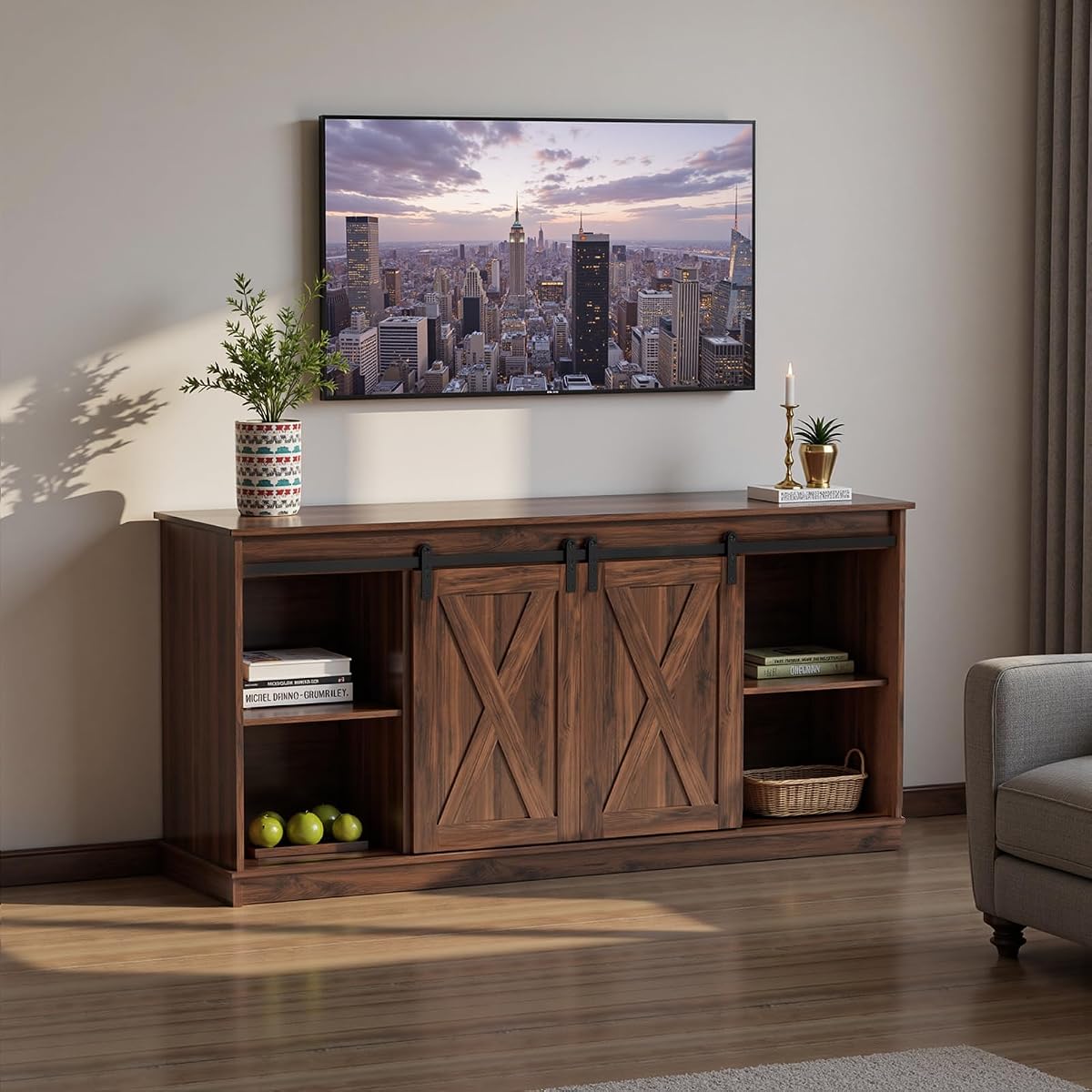 Farmhouse TV Stand for 65 Inch TV, Sliding Barn Doors, Media Console