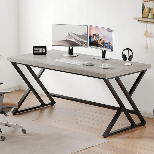 Grey Modern Computer Office Desk Metal & Wood Writing Desks 47 Inch