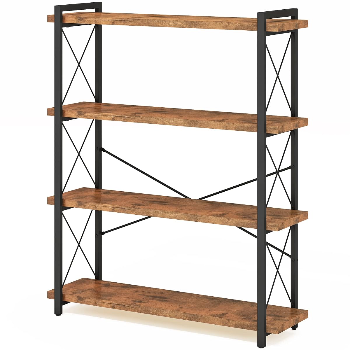 Bookshelf, 4-Tier Industrial Bookcase, Rustic Open Book Shelf