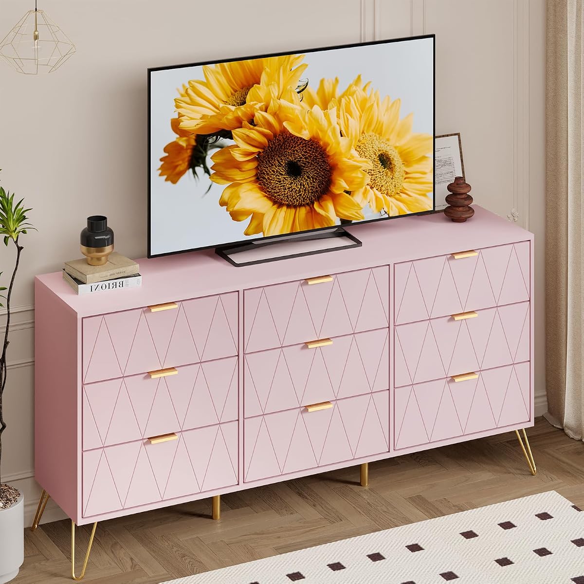 Pink 9 Drawer Dresser for Bedroom with Gold Handles, Long Dresser & Chest of Drawers with Deep Drawers, Modern Wood Dressers for Closet Living Room（Pink）
