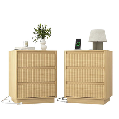 (Set of 2) End Table with Fast USB C Charging Station, Sofa Side Table with 3Drawers, Large Storage Modern Wood Storage Cabinet for Living Room,Bedroom,Office, Natura
