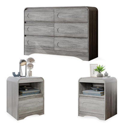 3 Piece Bedroom Set, Dresser and Nightstand Sets for Bedroom, Wood 6 Drawer Dresser & Night Stand Set of 2, Wide Chest of Drawers Modern Storage Cabinet Bedroom Furniture Set, Grey