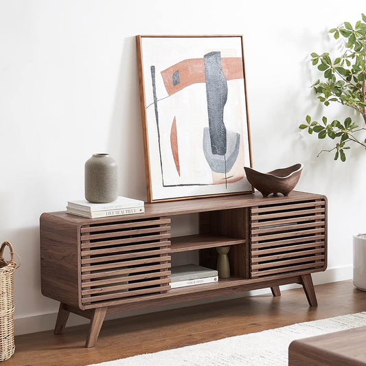 Ensley 59" Tall TV Stand with Slatted Door, Mid Century Modern Entertainment Center for 55-65 inch TV, Farmhouse Media Console with Storage, Adjustable Shelves, Round Edges, Living Room (Walnut)