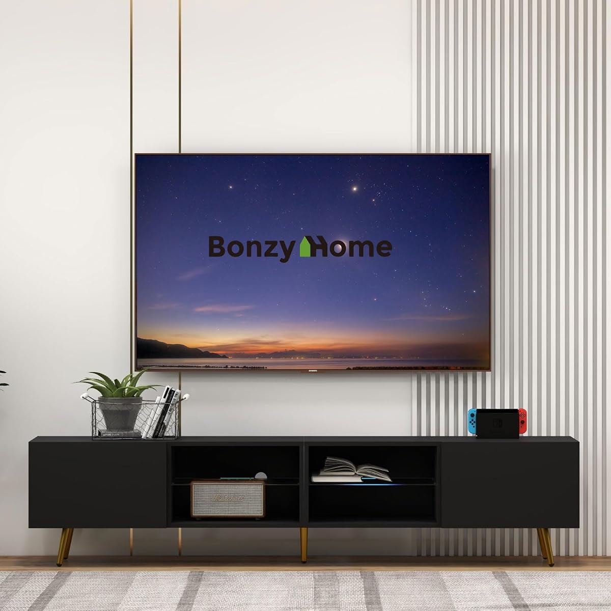 86" LED TV Stand, Modern Entertainment Center for 75" TV, Black