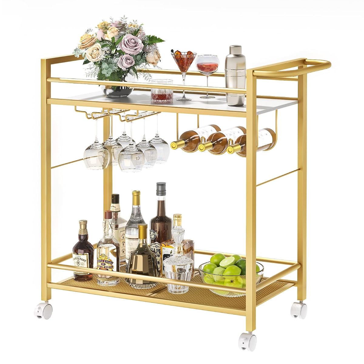 Bar Cart w/Wheels,2 Tier Home Bar Serving Cart,Flowing Gold