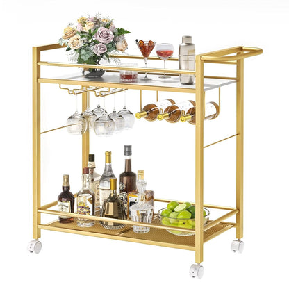Bar Cart w/Wheels,2 Tier Home Bar Serving Cart,Flowing Gold
