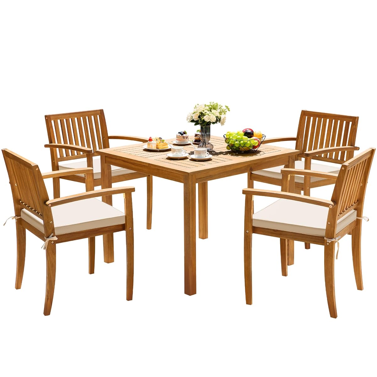 5 Piece Patio Dining Set Outdoor Solid Wood Furniture for Yard, Garden, Porch w/Square Tabletop & 4 Chairs, White