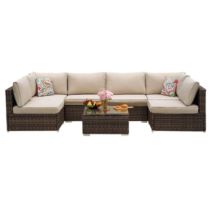7-Piece Outdoor Patio Furniture Set - PE Wicker Sectional Sofa Set,with (Beige) Cushions and Glass-Top Coffee Table, Perfect for Gardens, Poolside, Backyard, Beige/Brown