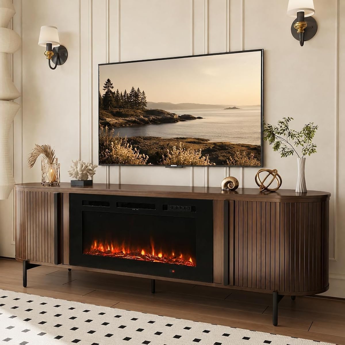Luxury Fluted TV Stand with Fireplace, 70 inch, Wanlut